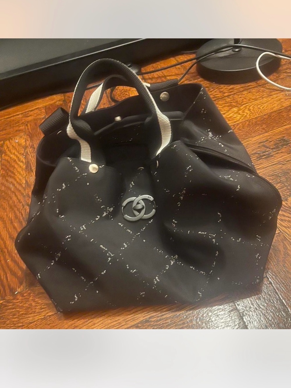 Black Quilted Tote with Interlocking Ring Accent